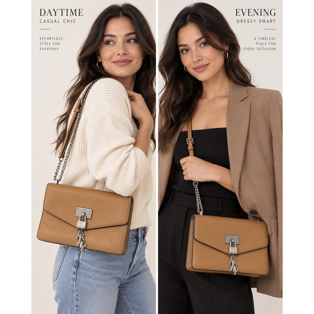 DKNY Womens Elissa Pebble Beige Leather Flap Bag Crossbody